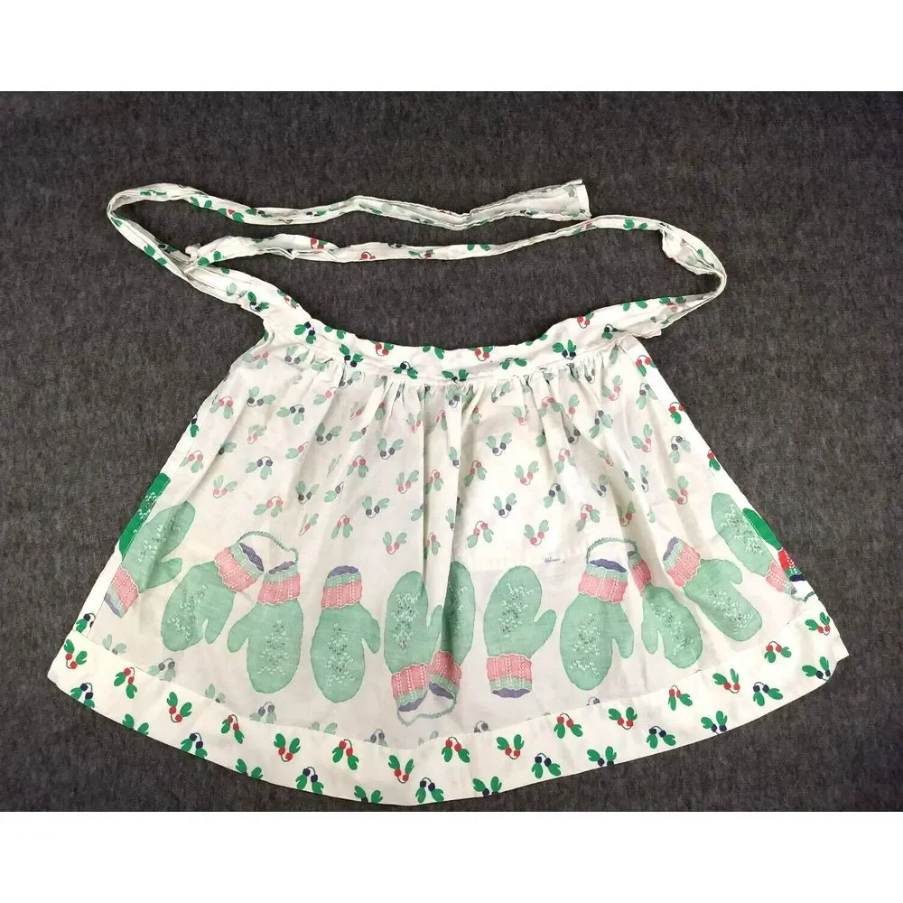 Vintage Cloth HALF APRON Holiday Christmas Lights Mittens White Green Red Pocket